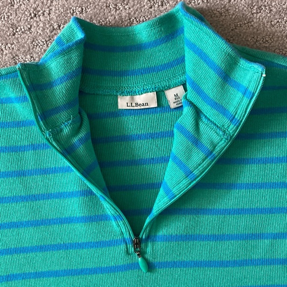 L.L. BEAN teal stripe quarter-zip cotton pullover, Medium. - Picture 3 of 7
